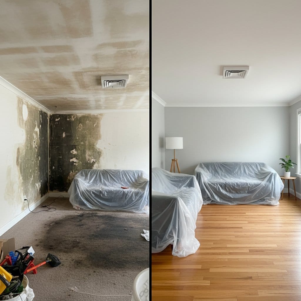 Bathroom & Kitchen Mold Removal before and after in living room, Glen Rock NJ