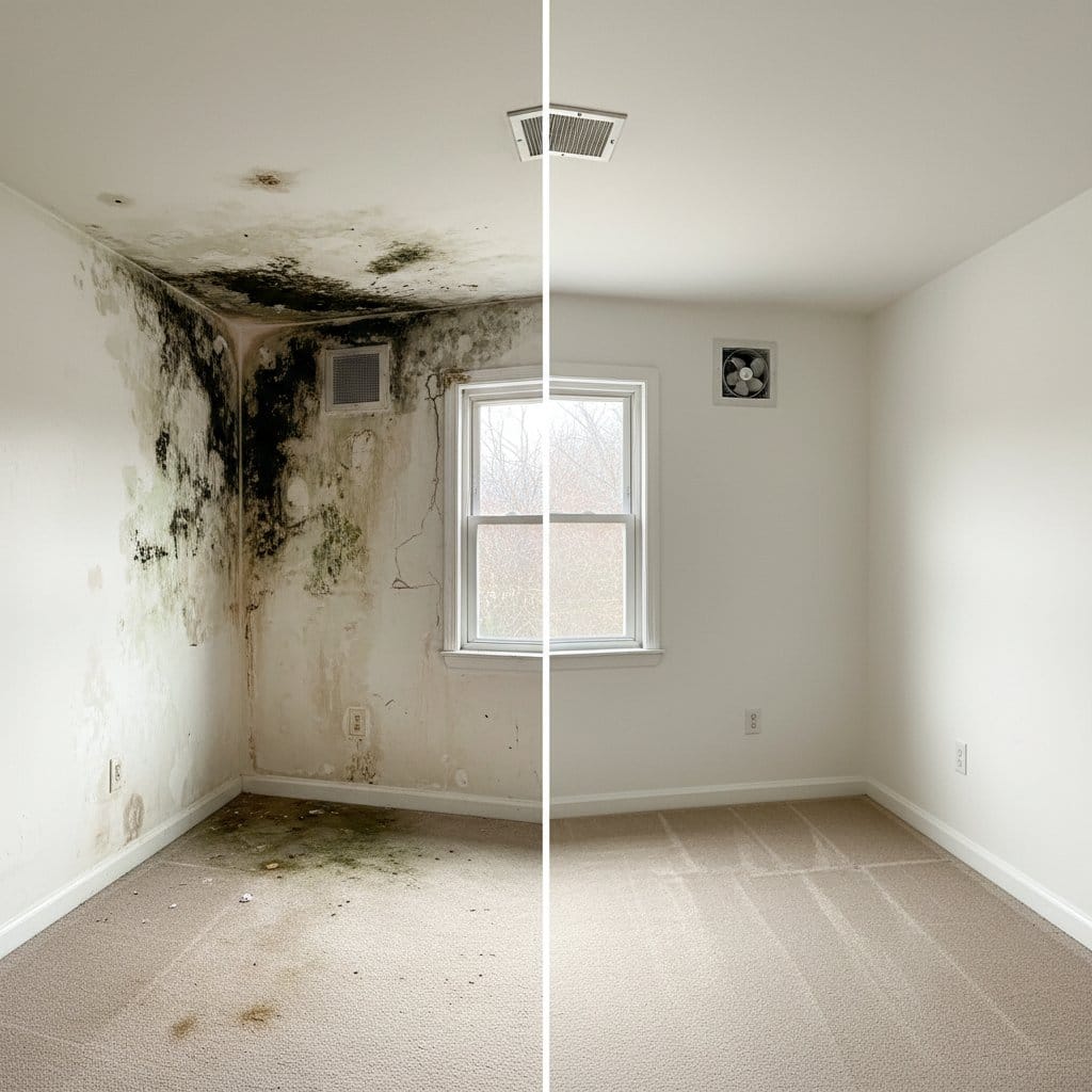 Before and after bathroom & kitchen mold removal in Glen Rock bi-level home bedroom