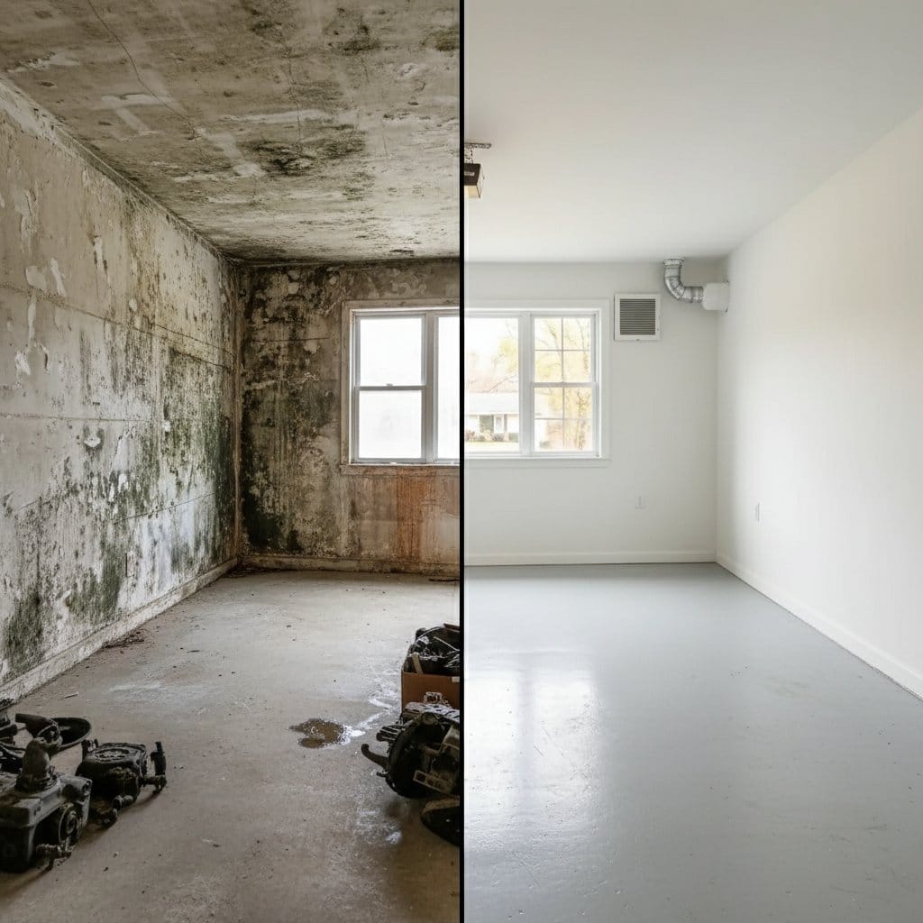 Post-Remediation Cleaning & Clearance before and after in garage, Glen Rock NJ